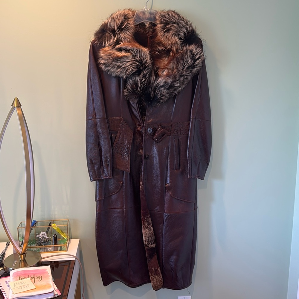 Dark maroon genuine fur and leather full length coat
